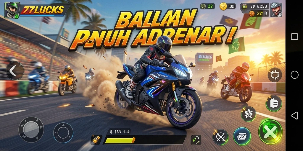 Screenshot gameplay 77LUCKS menampilkan balapan motor yang seru.