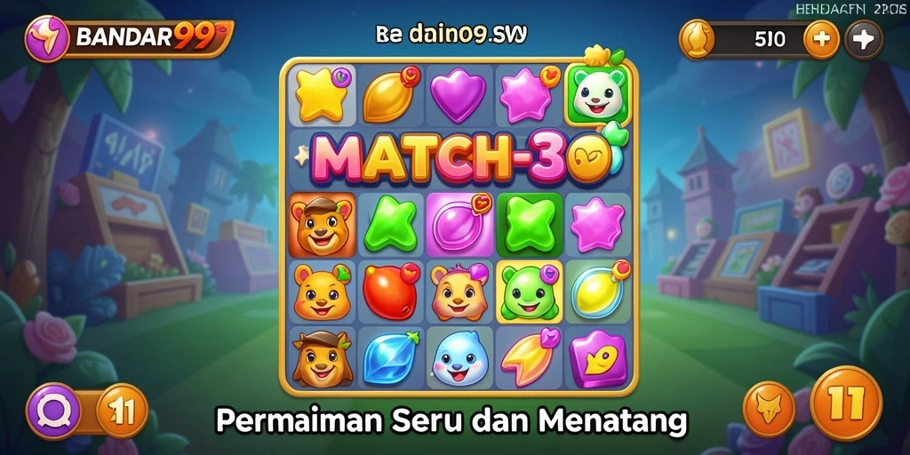 Screenshot utama BANDAR99 menampilkan gameplay Match-3 yang seru.