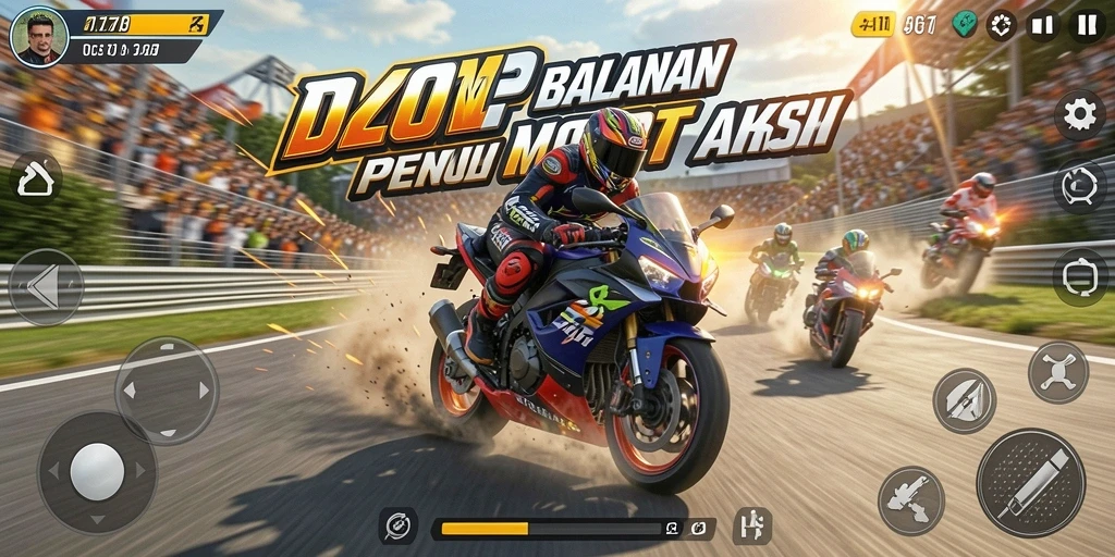 Tangkapan layar gameplay D200M menampilkan balapan seru dengan motor kencang.