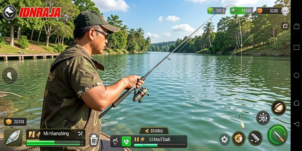 Tampilan gameplay IDNRAJA yang menampilkan momen seru memancing.