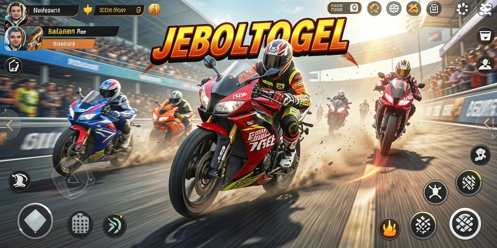 Tampilan gameplay JEBOLTOGEL dengan balapan motor yang seru.