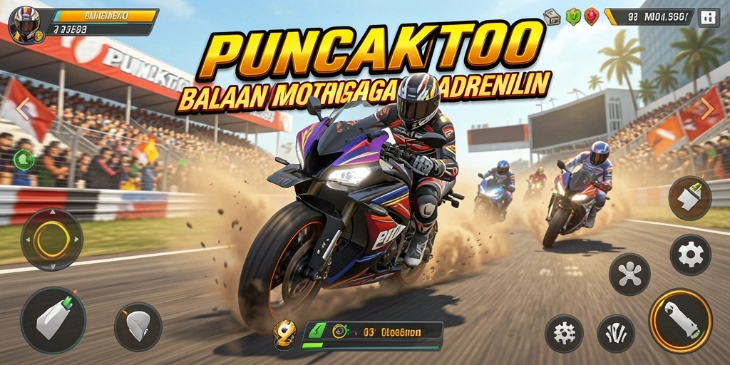 Screenshot gameplay PUNCAKTOTO menampilkan balapan motor yang menarik dan mendebarkan.