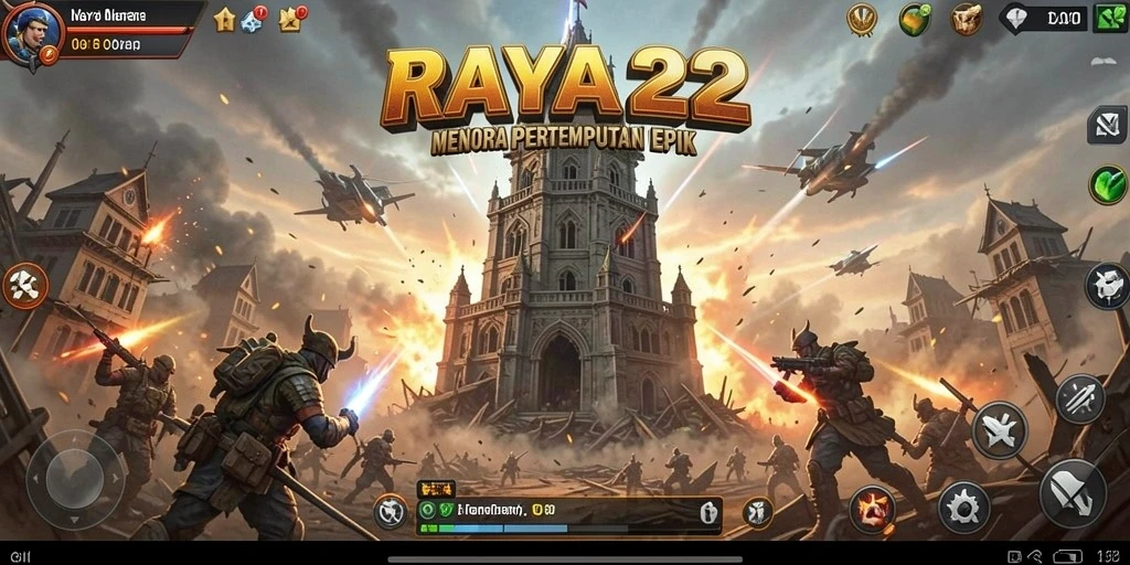 Screenshot gameplay <strong>RAYA22</strong> menunjukkan aksi menara mempertahankan dari serangan musuh.