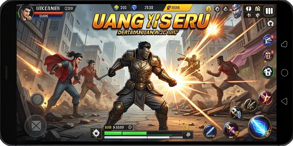 Gameplay UANG yang intens dan mendebarkan saat pertarungan berlangsung.